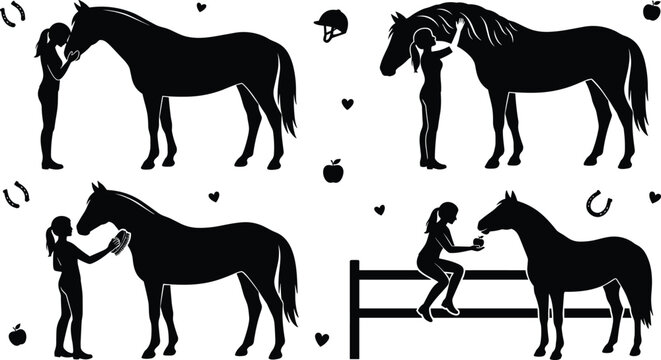 Minimalist black vector silhouette collection showing equestrian girl grooming feeding loving and caring for horses isolated on white background