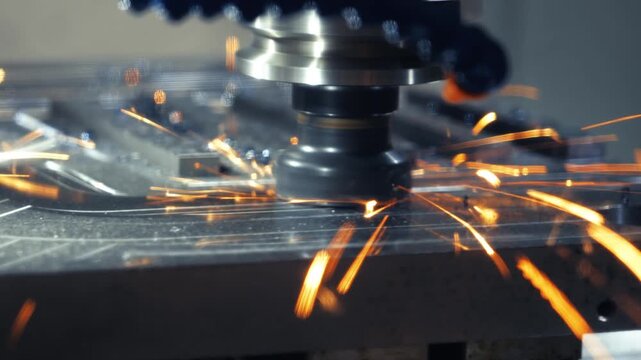 Industrial milling machine removing metal layers from steel workpiece using precision drill bit and cutting fluid for manufacturing process.