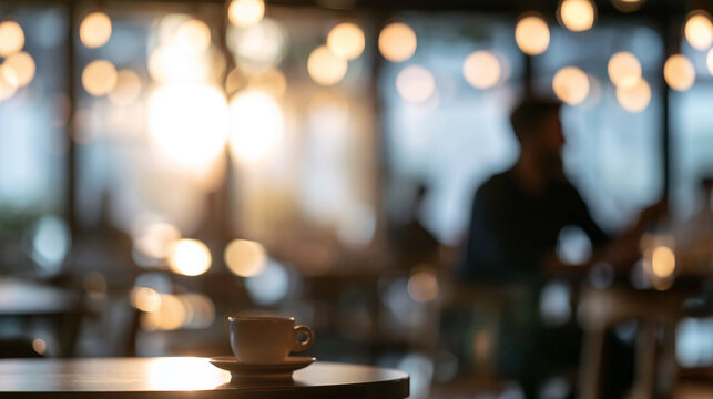 Coffee cup sitting on a dark wooden table in a busy, intentionally blurred cafe, with a customer silhouette and warm lights