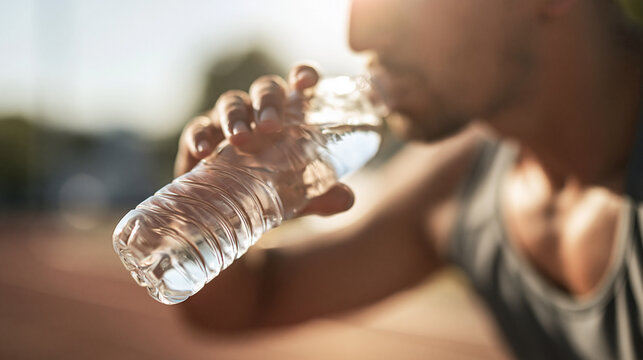 Person drinking water from a plastic bottle, quenching thirst during an outdoor activity, promoting hydration and health