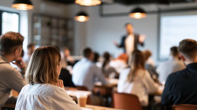 Back view of diverse participants sitting speaking in rows, listening to a blurred speaker presenting information at a business seminar