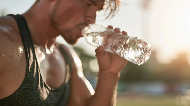 Defocused male athlete drinking water during outdoor workout  