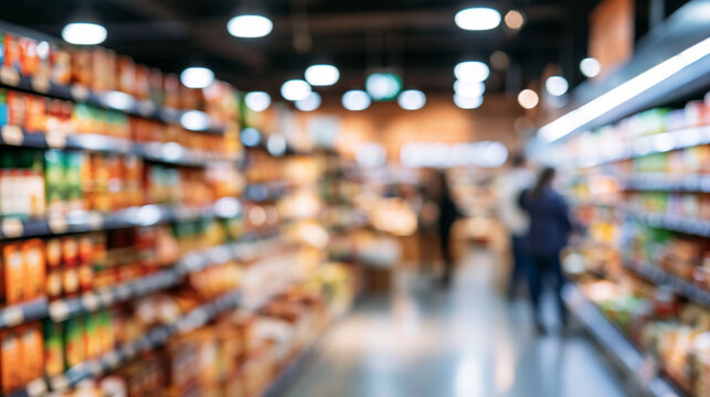 Defocused supermarket aisle with customers browsing products, providing an abstract background for retail and shopping concepts