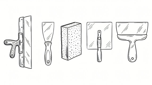 Professional plastering drywall finish tools line art doodle graphic collection hand drawn wide metal trowel putty knife plastering hawk foam sanding block pad wallpaper scraper asset