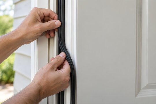 Hands installing weatherstripping on a residential door frame