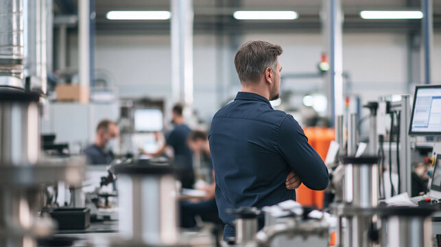 Engineer or manager overseeing production line in modern manufacturing plant with arms crossed