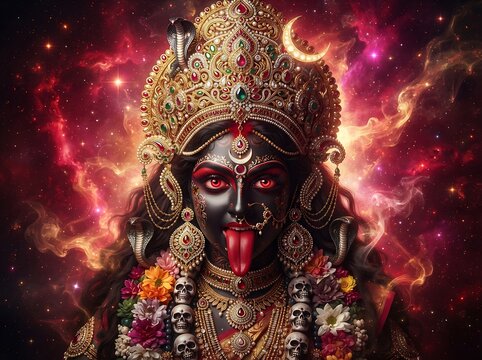 Sacred Indian Festival Maa Kali Head Design Element with Mystical Third Eye and Elegant Silver Ornaments