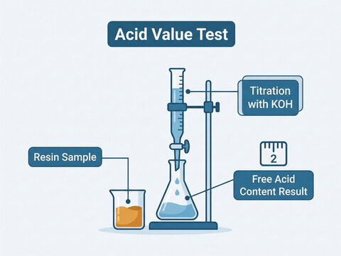 Acid value test setup in a chemical laboratory featuring a resin sample in a beaker, titration burette with potassium hydroxide, and titration result.