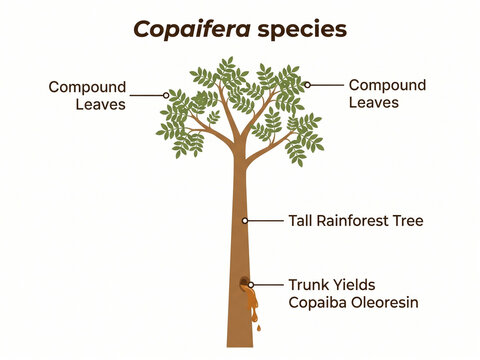 Copaifera species rainforest tree diagram highlighting compound leaves, tall brown trunk, and traditional harvesting methods that yield valuable copaiba oleoresin.