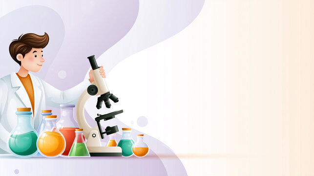 Scientist character working with microscope and lab glassware, researching in medical and scientific discovery