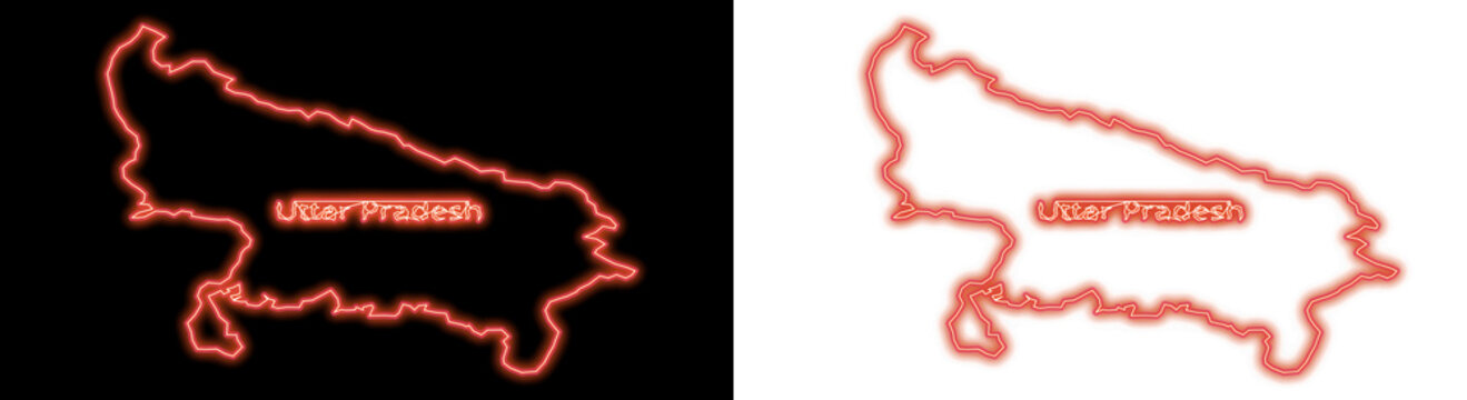Uttar Pradesh state map outline with glowing red neon effect isolated