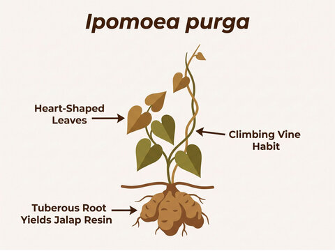 Ipomoea purga botanical vector graphic showing the climbing vine habit, heart-shaped green leaves, and tuberous root system that yields medicinal jalap resin.