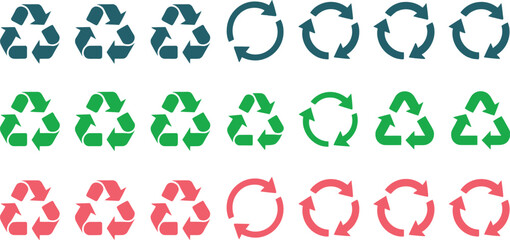 Fototapeta premium Set of twenty one minimalist vector recycle and eco friendly icons including various recycling symbols and circular arrows arranged in a grid against a clean white background