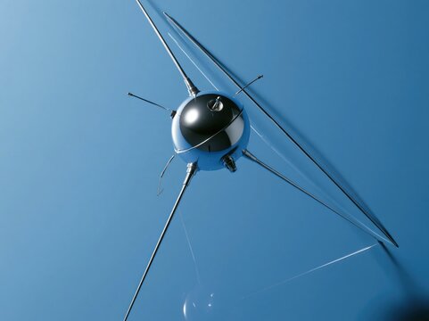 Product shot of the classic Sputnik 1 spherical satellite with four long metallic whip antennas floating over a blue background