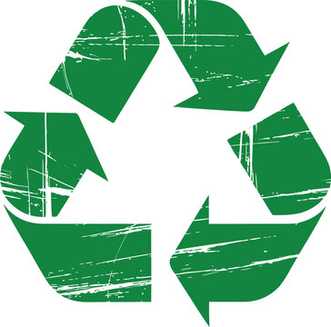 Distressed green recycling symbol vector icon featuring a vintage grunge texture and weathered arrow loops isolated against a clean white background