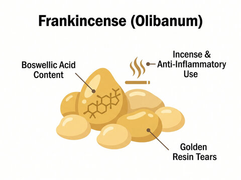 Frankincense olibanum infographic presents golden resin tears with boswellic acid content and anti-inflammatory incense uses.