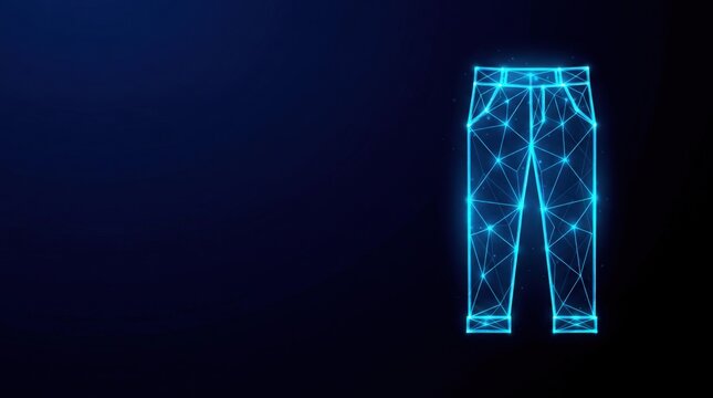 Futuristic glowing blue wireframe pants in digital plexus hologram style, representing cyber innovation and advanced technology on dark gradient background