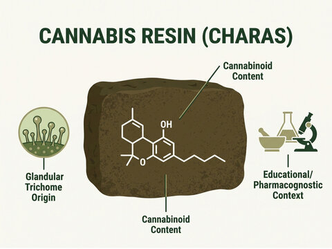 Cannabis resin charas infographic displaying glandular trichome origin and cannabinoid content within an educational pharmacognostic context.