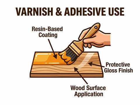 Varnish and adhesive use demonstration showing resin based coating applied with a brush on wood surface creating a protective gloss finish.