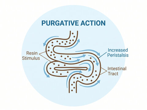 Diagram illustrating purgative action showing intestinal tract and resin stimulus causing increased peristalsis in a clear medical infograph.