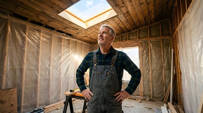 Mature Carpenter or Homeowner Standing Inside a Room Under Construction Looking Up at the New Skylight Window with Pride, Home Renovation, DIY House Remodel and Improvement Project Concept