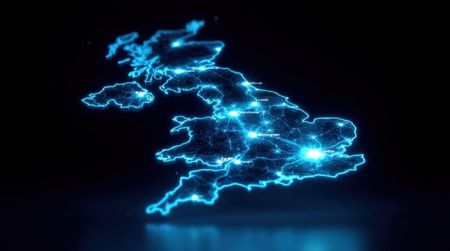 Futuristic glowing blue wireframe United Kingdom in digital plexus hologram style, representing advanced cyber technology and innovation on dark gradient background