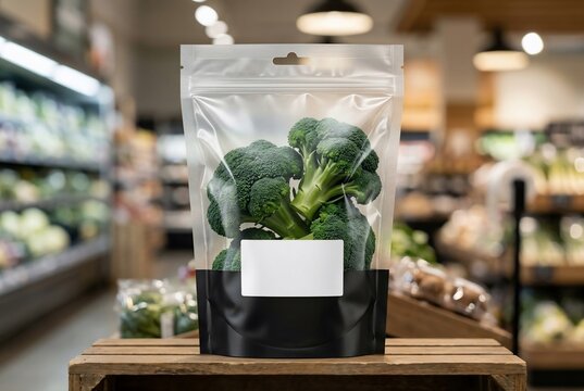 Fresh organic broccoli florets inside transparent plastic zipper bag with white label in grocery store.