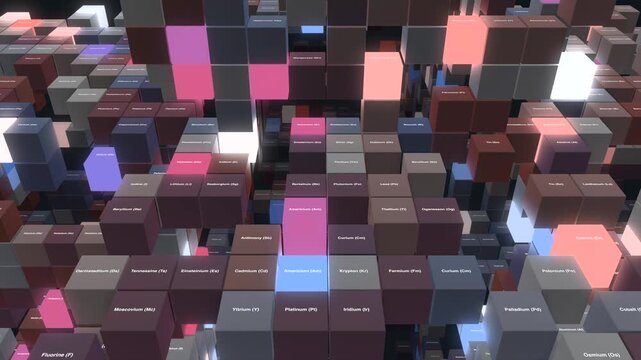 Grid matrix of elevated cubic blocks labeled with chemical periodic table elements, pulsing and illuminating with multi-colored glowing light effects.