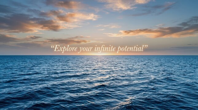 Ocean sunset with inspirational quote "Explore your infinite potential" over calm water