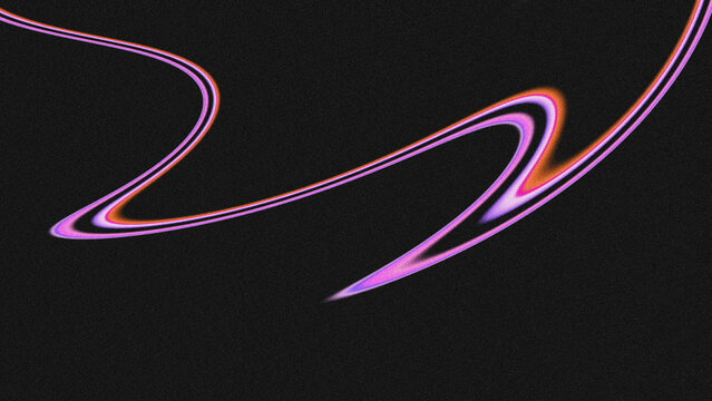 Abstract grainy textured background with glowing wavy double lines. Pink, purple, and orange gradient light trails over a dark black grainy surface, subtle film noise aesthetic.