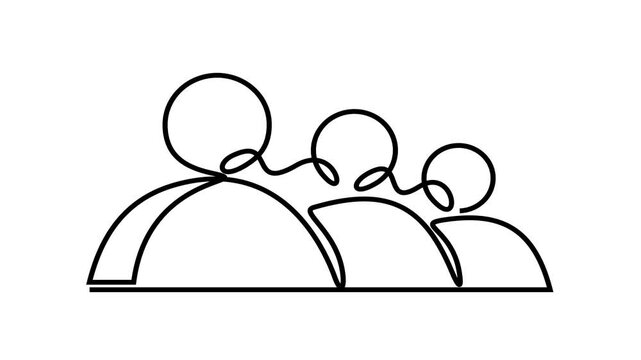 Continuous line animation of three human silhouettes symbolizing teamwork, group of people, collaboration and unity concept