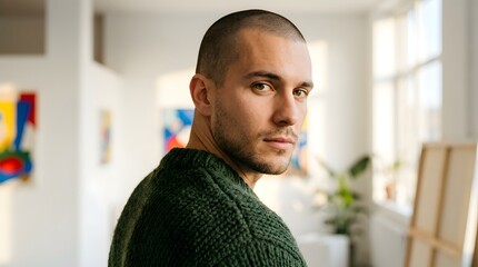 Fototapeta premium Portrait of a handsome young man with a short buzz cut and stubble wearing a textured green knitted sweater looking over his shoulder in a bright contemporary art gallery or studio setting.