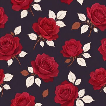 seamless floral pattern on a dark plum-charcoal background, featuring bold crimson roses