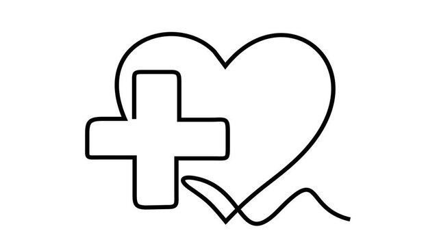Continuous line animation of heart with cross, medical symbol, health and love concept