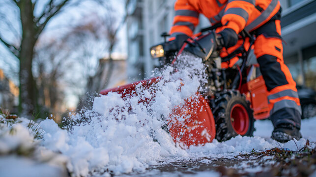 Close-up commercial photograph of a municipal worker operating a snow blower on a narrow urban sidewalk, orange winter work jacket with reflective stripes, face naturally framed without excessive em