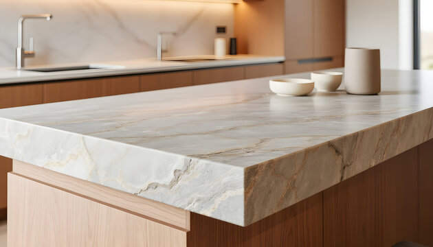 A close-up view showcases the exquisite veining and polished texture of a luxurious marble kitchen countertop, reflecting soft ambient light.