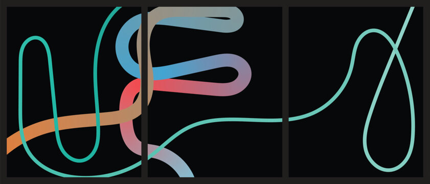 Abstract continuous looping neon line art triptych design template layout on dark black background vector illustration
