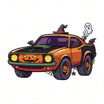 Stylized Halloween 2026 Themed Cartoon Car Illustration with Flat Cel Shading
