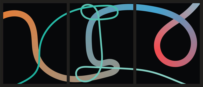 Colorful abstract swirled line art triptych banner template collection isolated on sleek black background vector design