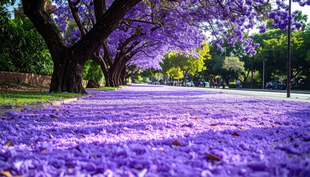 Ground level view of purple jacaranda petal carpet