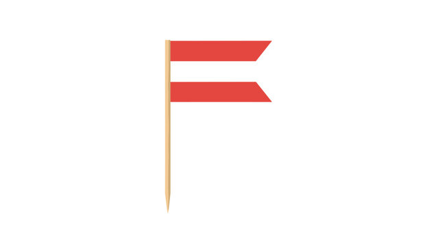 Red rectangular party food flag toothpick topper standing upright isolated on a clean white background.