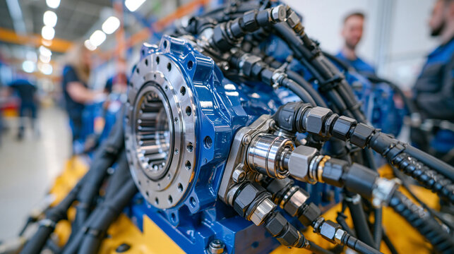 Professional engineering close-up of a variable displacement piston pump mounted on industrial hydraulic equipment, precision machined aluminum housing catching bright reflected light, intricate hyd