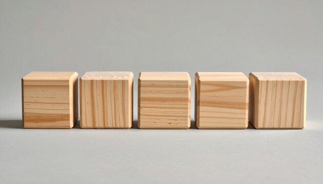 Five blank wooden cubes arranged horizontally on light gray