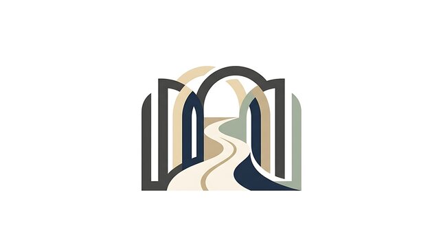 Minimalist hospitality logo featuring an abstract archway and path