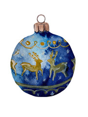 Hand-painted watercolor illustration of a round blue Christmas bauble decorated with golden reindeer silhouettes and ornamental patterns, isolated on transparent background © Volodymyr
