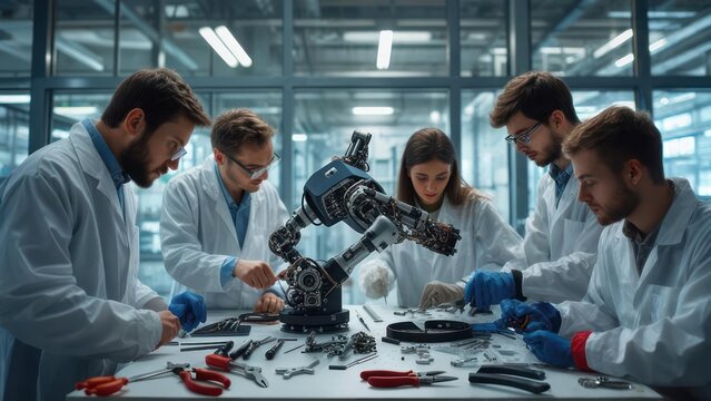 Team of engineers working on robotic arm