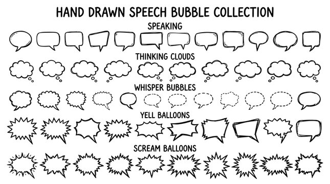 Hand-drawn collection of various speech bubbles, including speaking, thinking clouds, whisper, yell, and scream balloons, perfect for comic and graphic design.