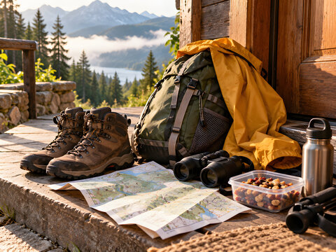Hiking boots and backpack with trail map and gear on a wooden porch