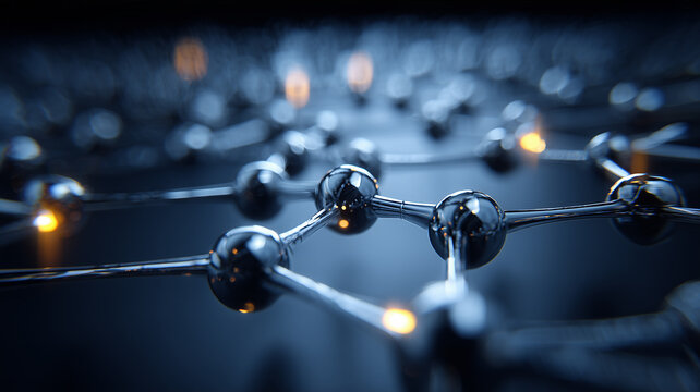 A molecular model of connected atoms represents chemical bonding nanotechnology scientific research and advanced material science.
