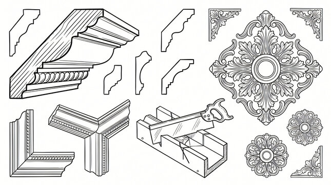 Ceiling molding cornices decorative elements line art doodle graphic collection hand drawn patterned crown molding cornice polyurethane rosette medallion miter box block saw layout